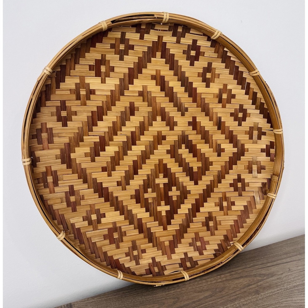 Vintage Handwoven Bamboo Rattan Serving Tray Basket Geometric Weave 16"